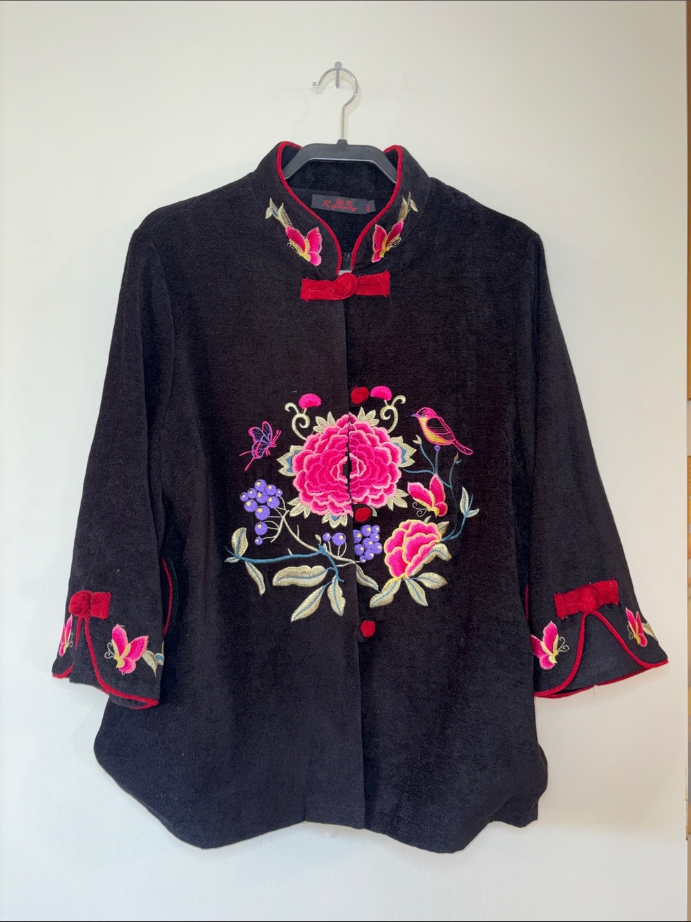 Black Embroidered Mandarin Collar Tunic with Pink Floral Motif size L-XL